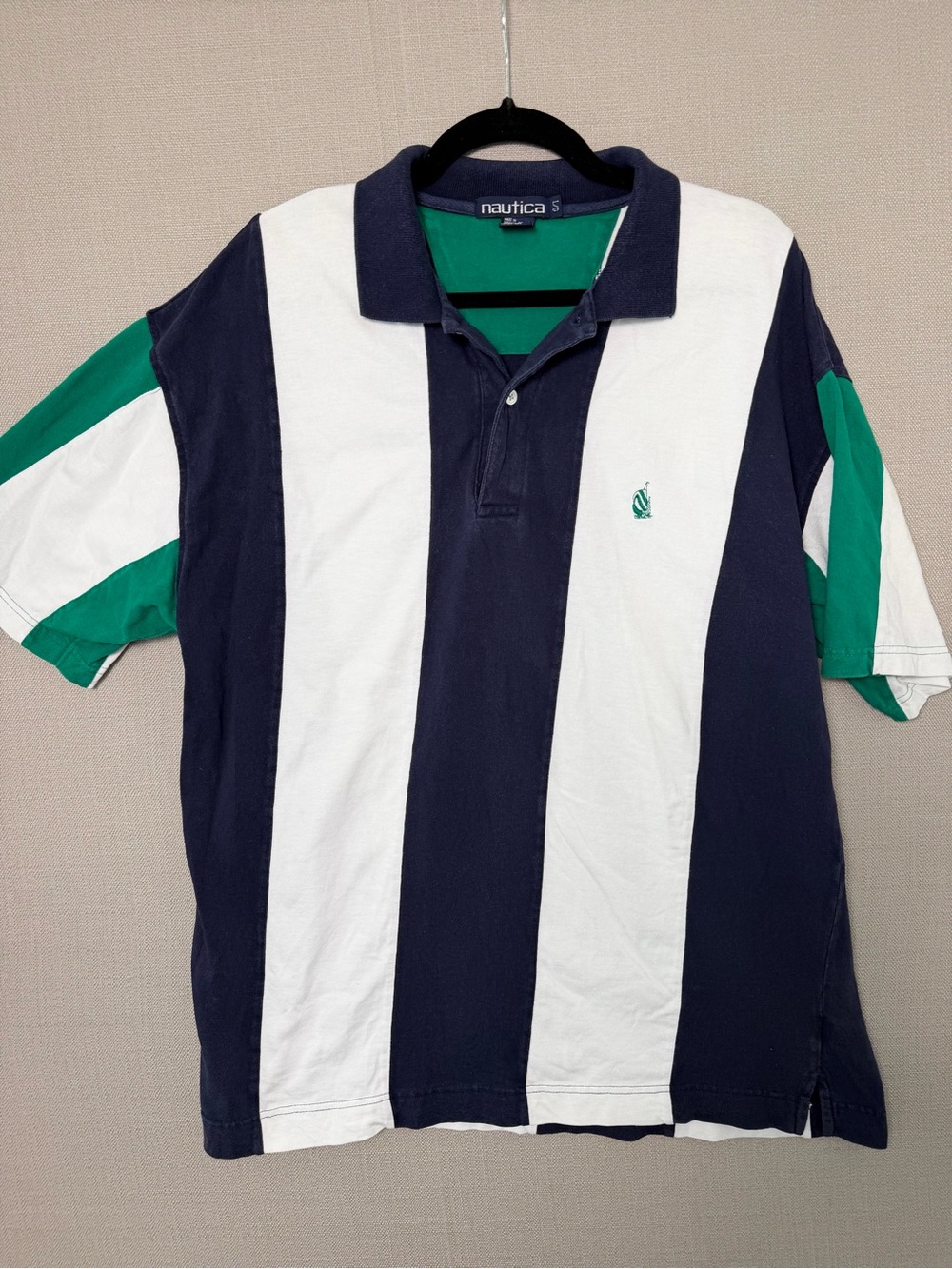 Vintage 90s Nautica Vertical Wide Stripe Polo, Navy, Green & White, Sz L